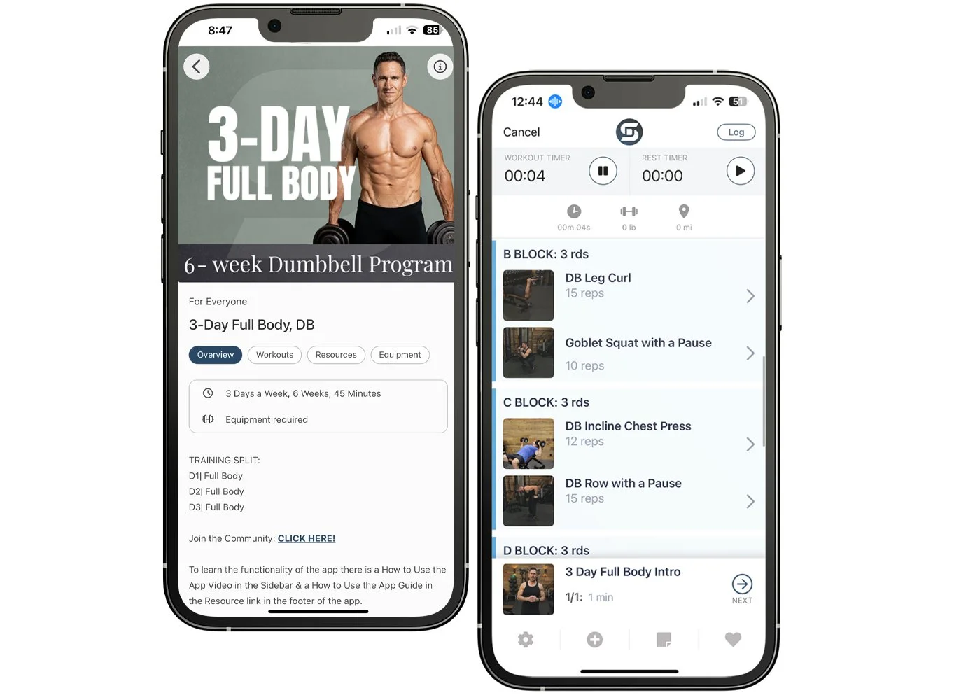 Two mobile screens showing Don Saladino’s 3-day full body workout program and exercise list.