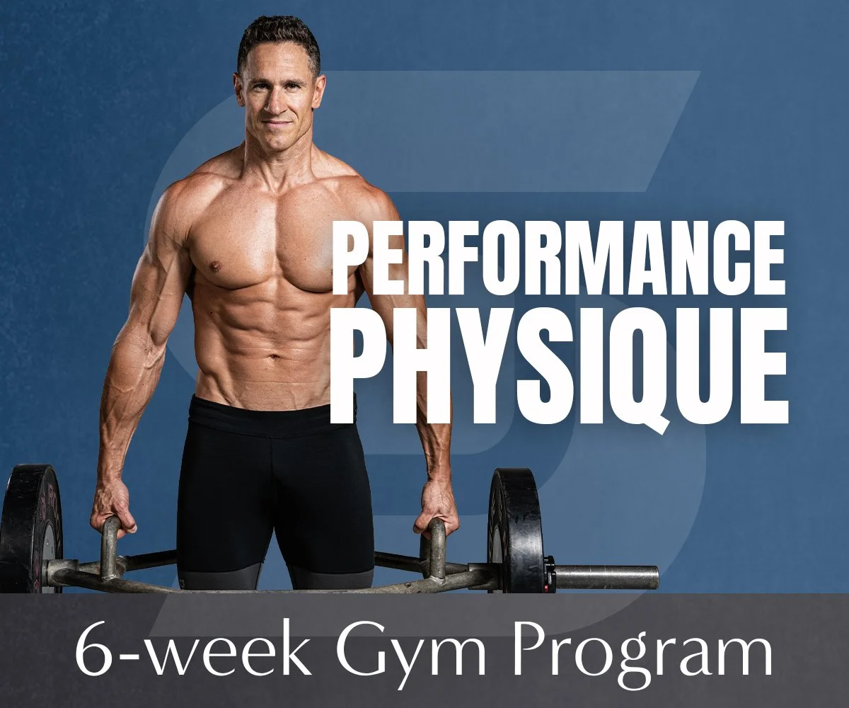 Don Saladino holding a barbell, with the text 'Performance Physique' and '6-week Gym Program' overlaid on the image.