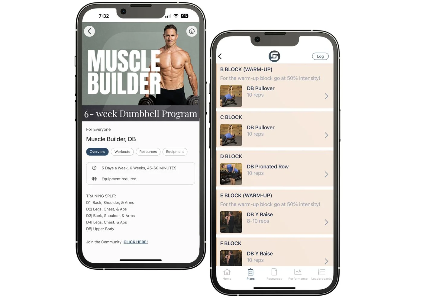 Two mobile screens showing Don Saladino’s muscle builder dumbbell workout program and exercise list