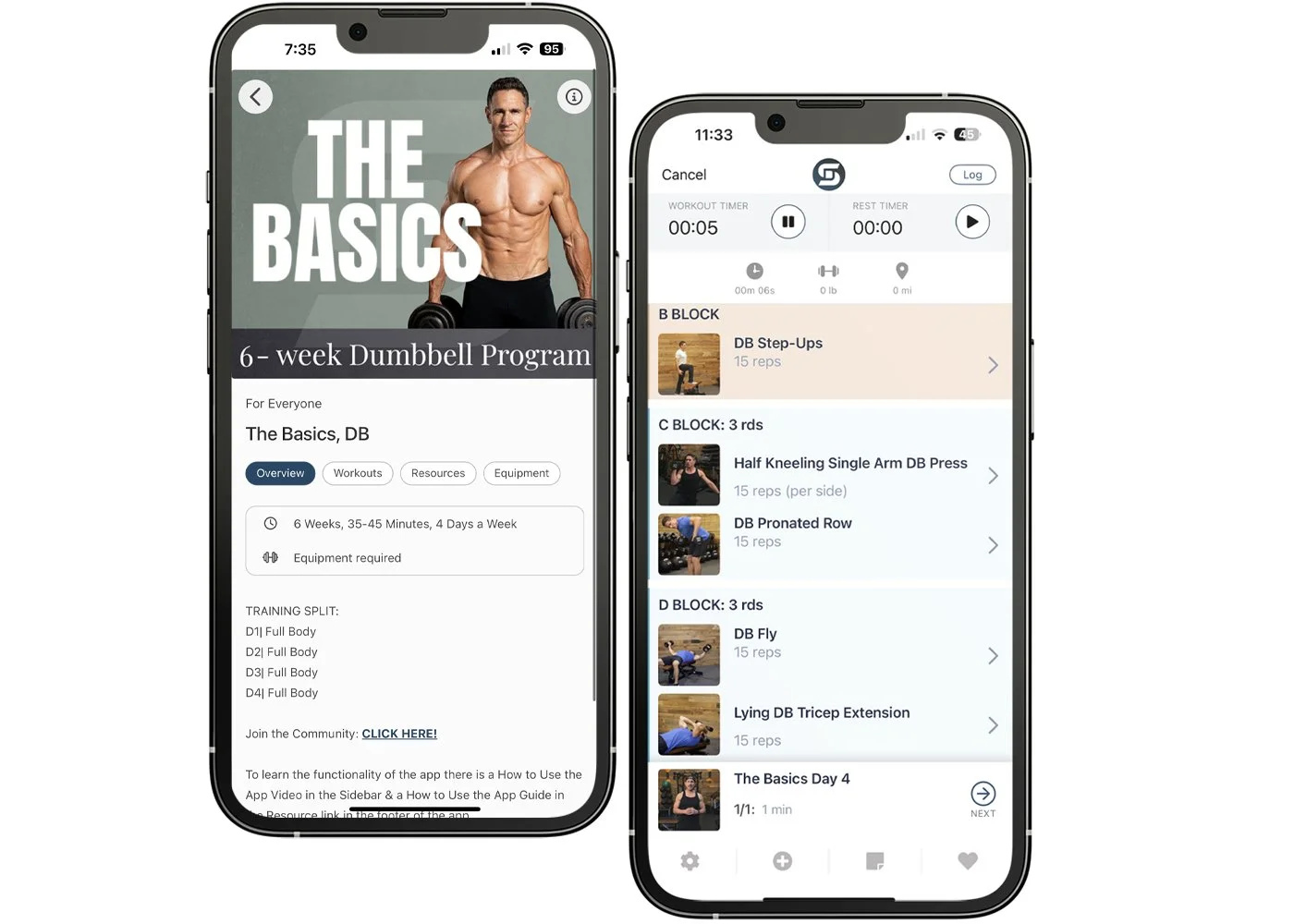 Two mobile screens showing Don Saladino’s the basics workout program and exercise list.