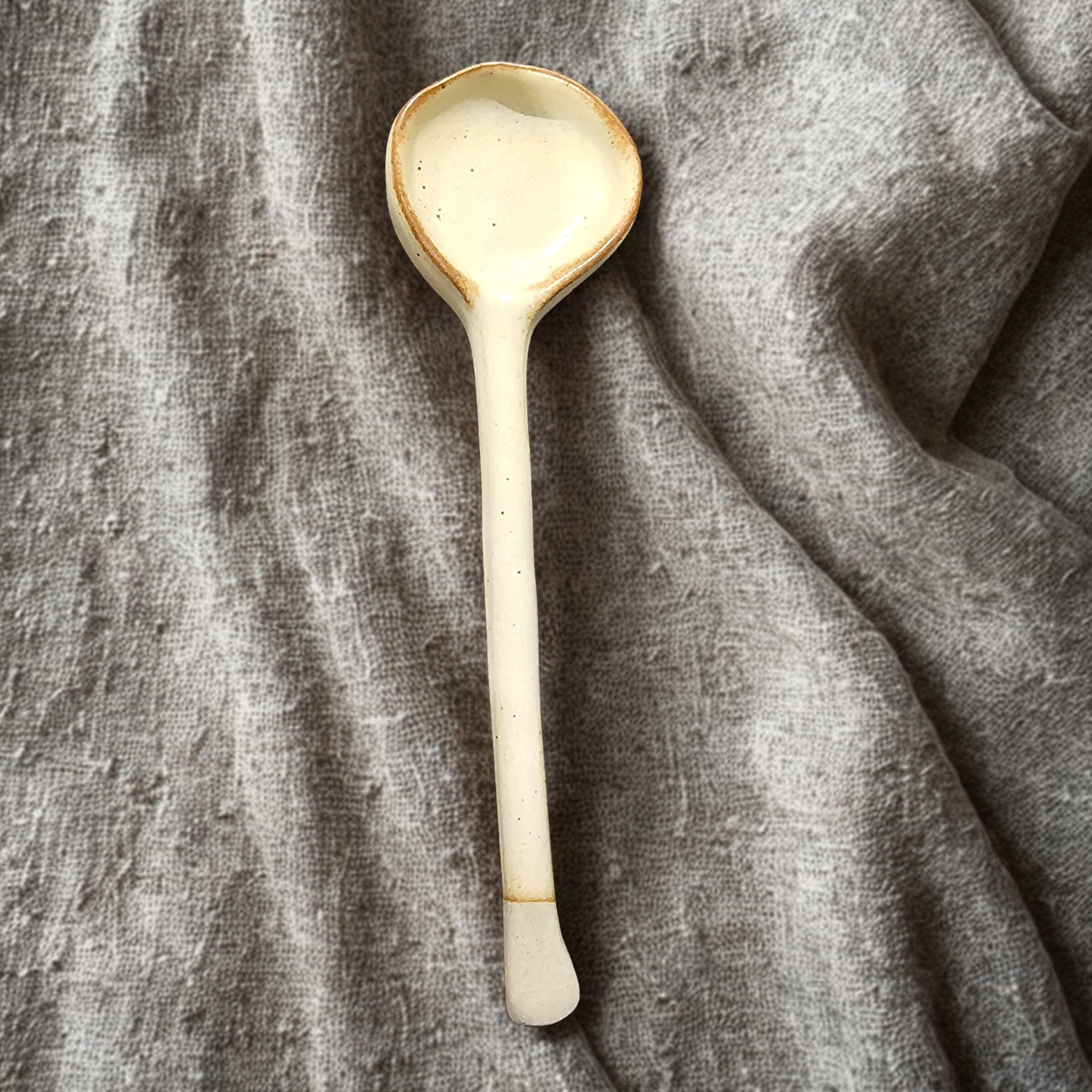 Coarse Pottery Long Handle Coffee Cup Spoon - Cream & Brown