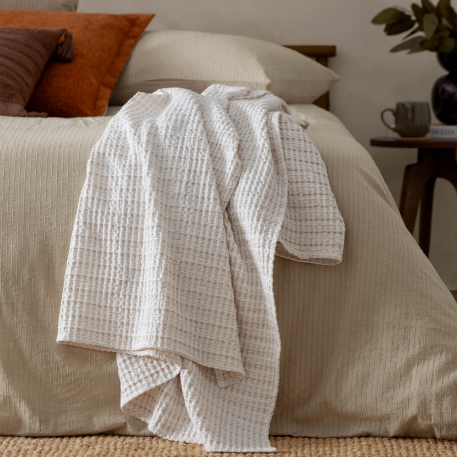 Waffle Textured Cotton Bedspread in Natural