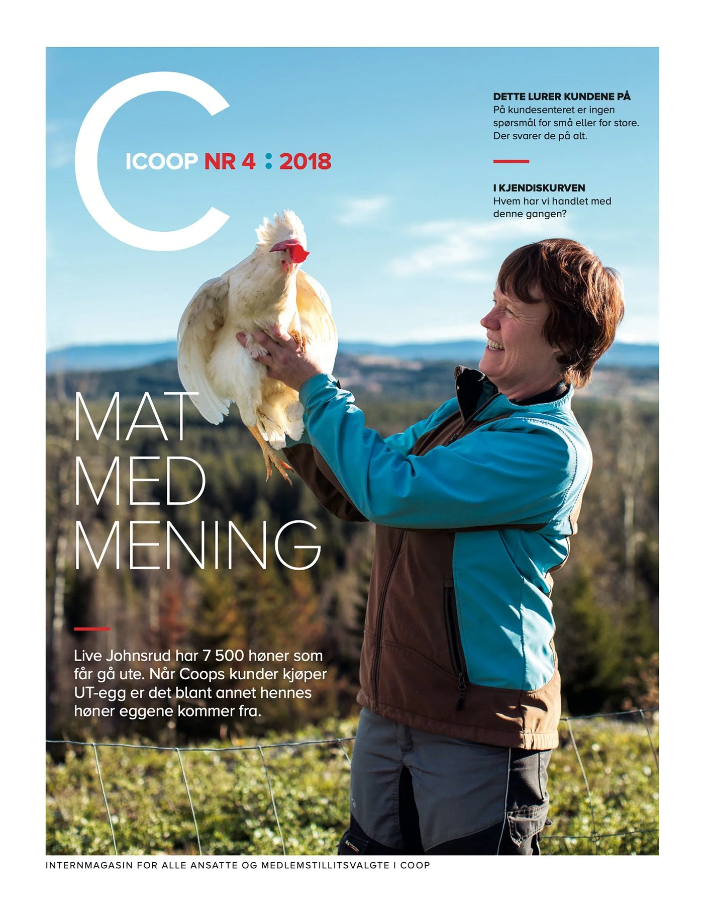 Forside av Coop magasin med motiv av kvinne som holder en høne.