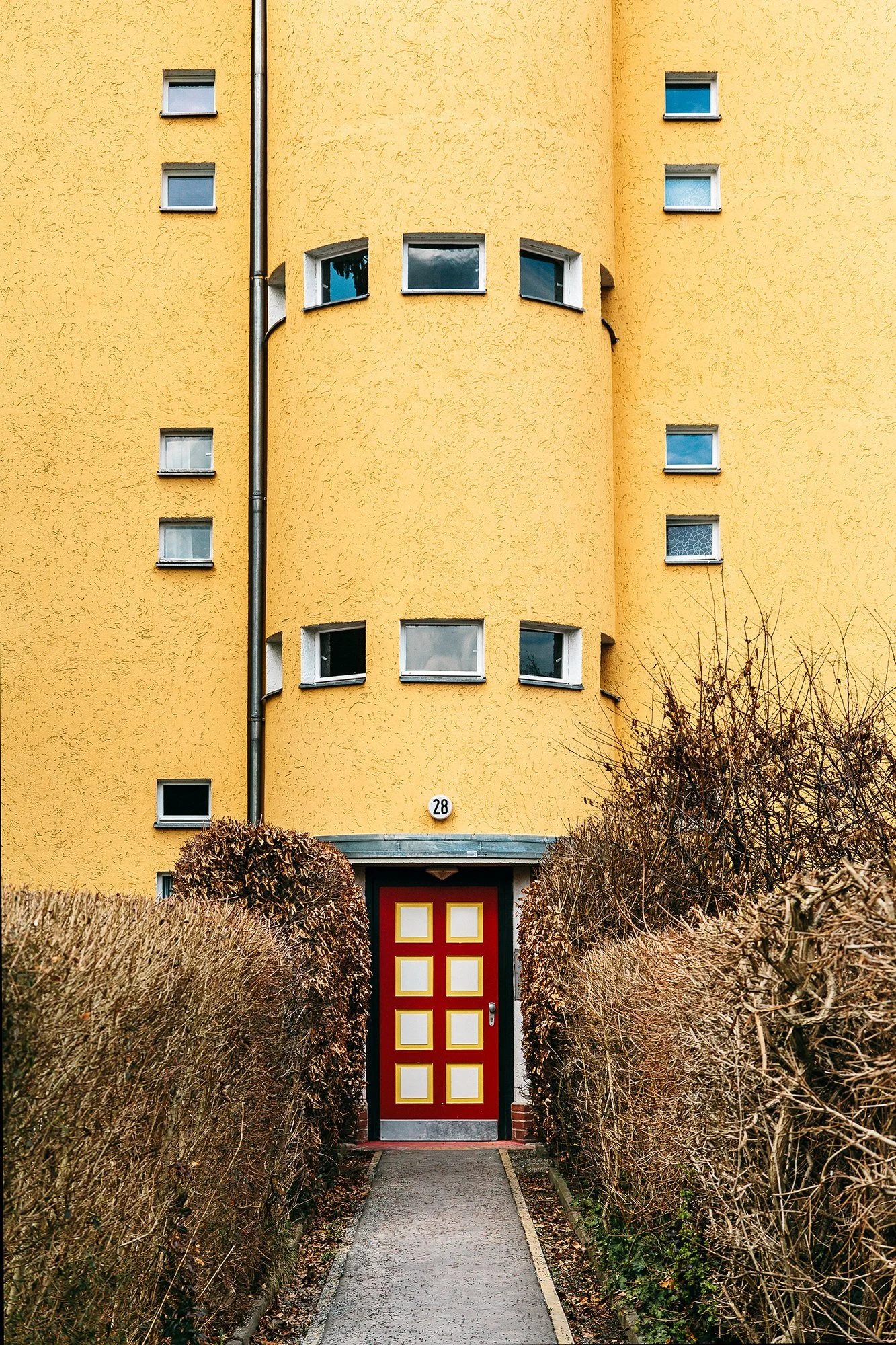 Gult buet murbygg med rød dør. Langs gangveien er det hekker uten løv. Tegnet av Bruno Taut. Berlin.