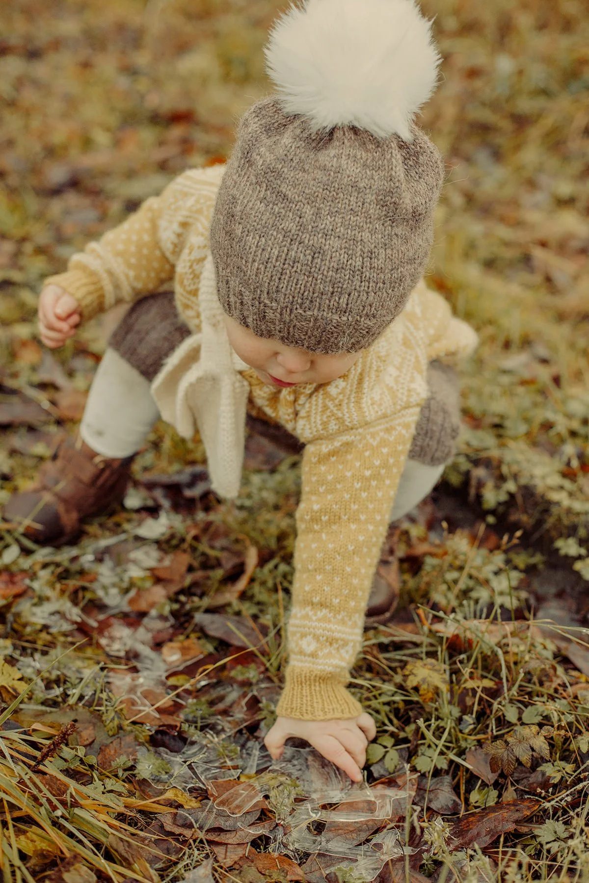Barnefotografering om høsten. Barn plukker opp isflak.