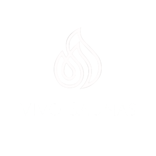 Logo for Vivo Saunas featuring a stylized flame design and the text 'VIVO SAUNAS' on a black background.