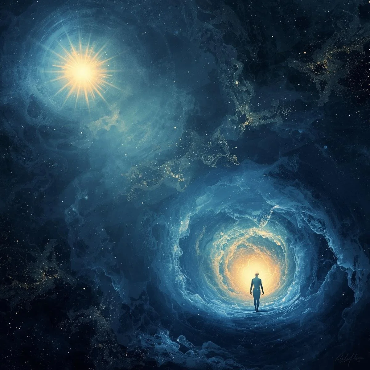 Peaceful past life regression scene with a woman lying in meditation, surrounded by soft golden light and soul memory imagery