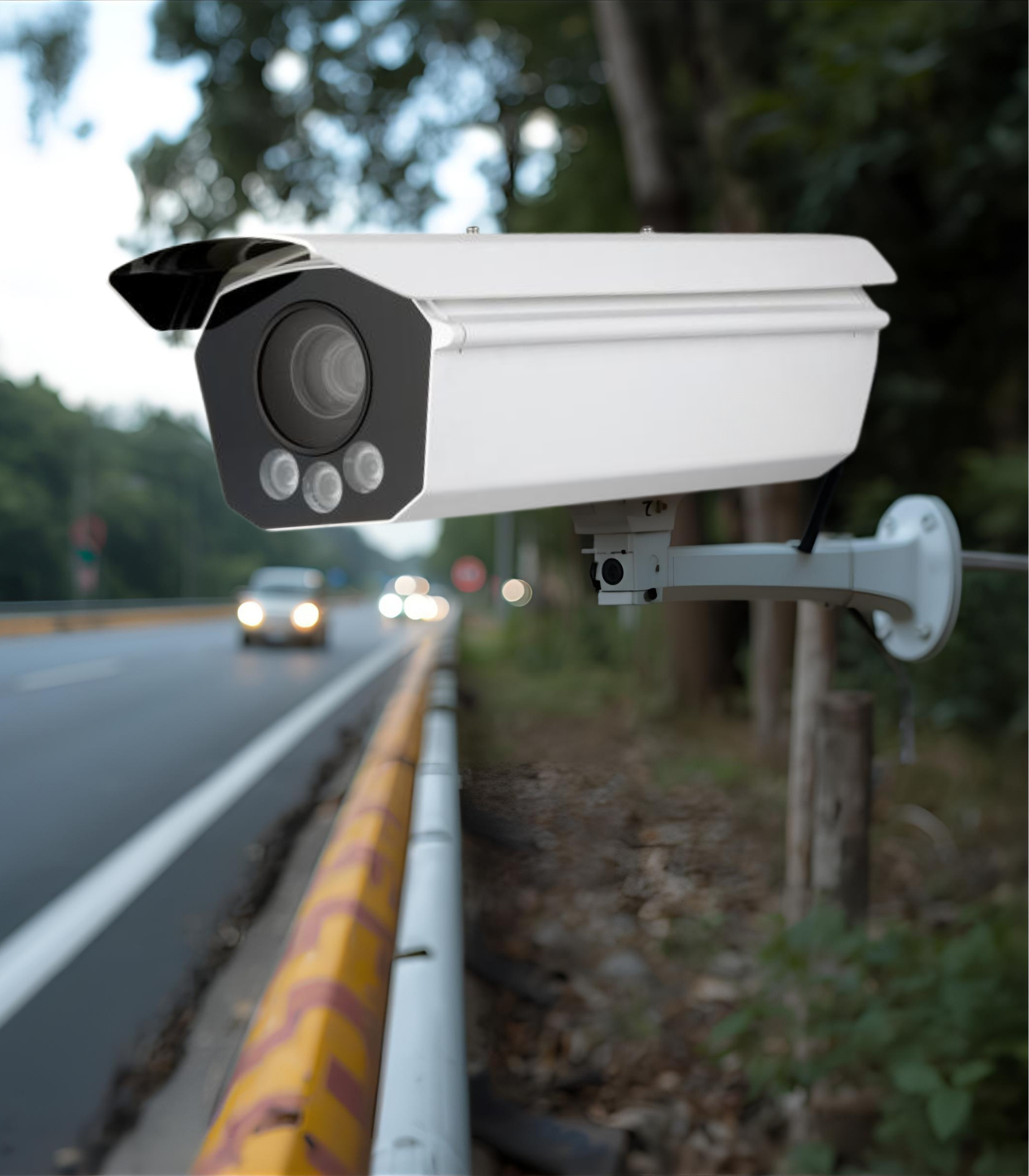 A smart white and black coloured speed enforcement camera with artificial intelligence situated along a highway road.