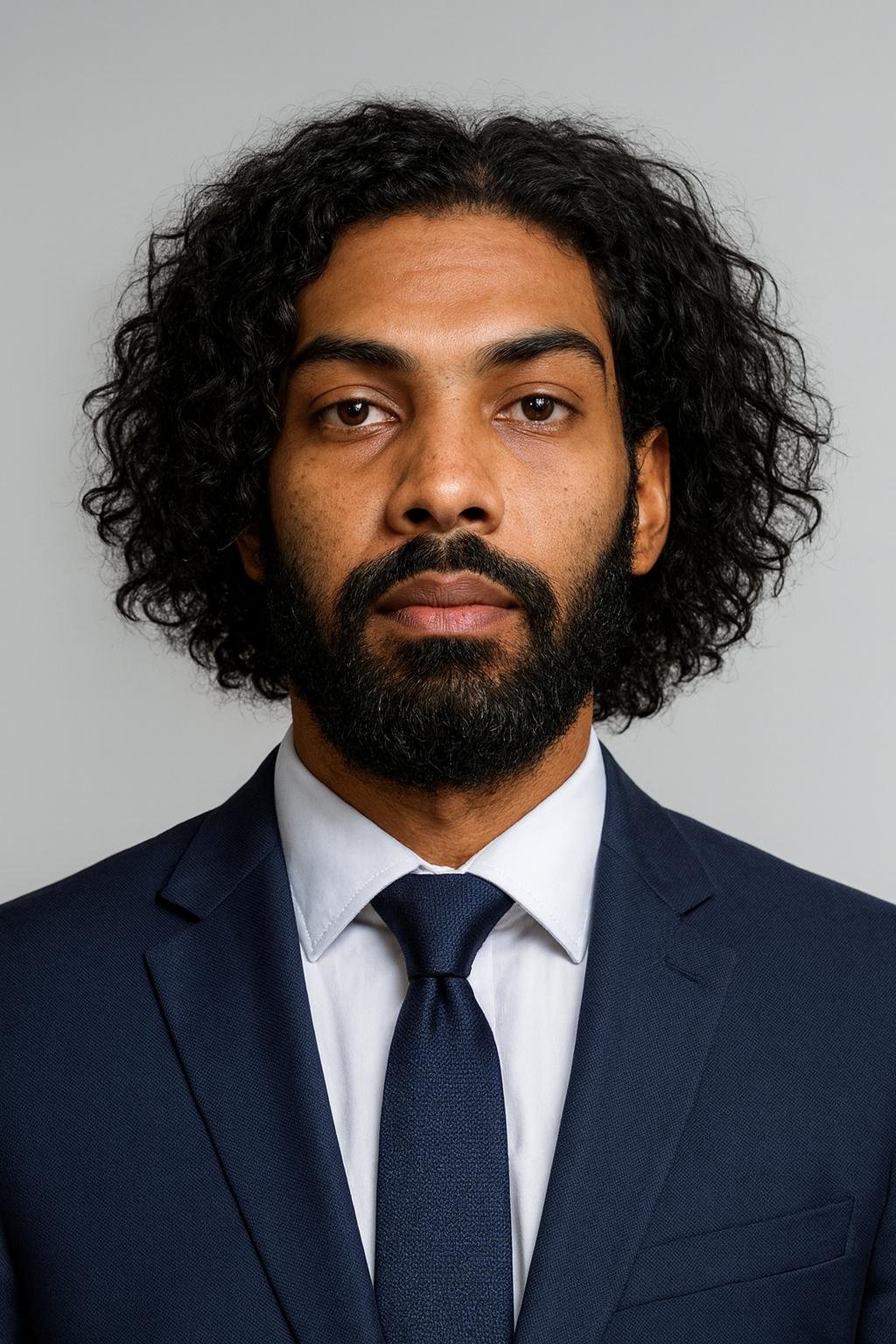 Image of a male in navy suit and white shirt.