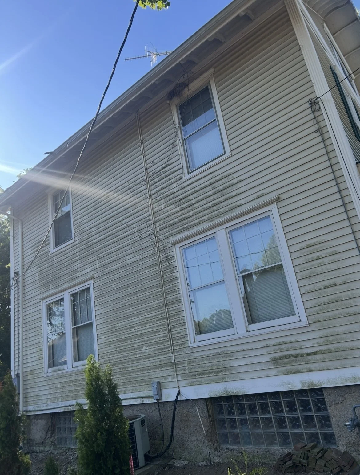 The side of a two-story house with beige siding that appears to be dirty or moldy, with three white-framed windows. There are some trees and a brick foundation at the bottom, along with an air conditioning unit near the base and a small bush in front