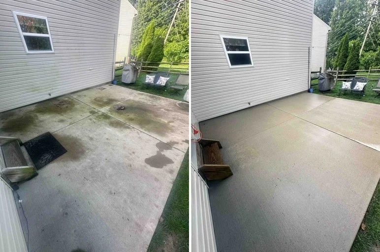 Side-by-side comparison of a concrete backyard slab before and after cleaning, showing a cleaner surface in the right image.