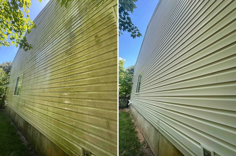 Comparison of the exterior siding of a house before and after cleaning. The left side shows grime and dirt buildup, while the right side appears clean and bright.
