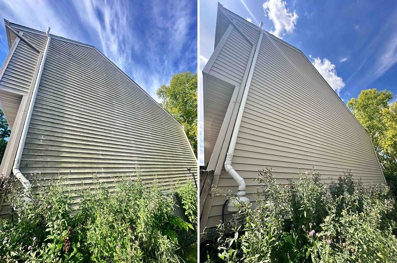 Side-by-side comparison of the same house's exterior, showing the left side with stained siding and the right side freshly painted.