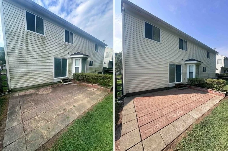 Before and after comparison of a house's backyard patio, showing cleaning and resurfacing work.