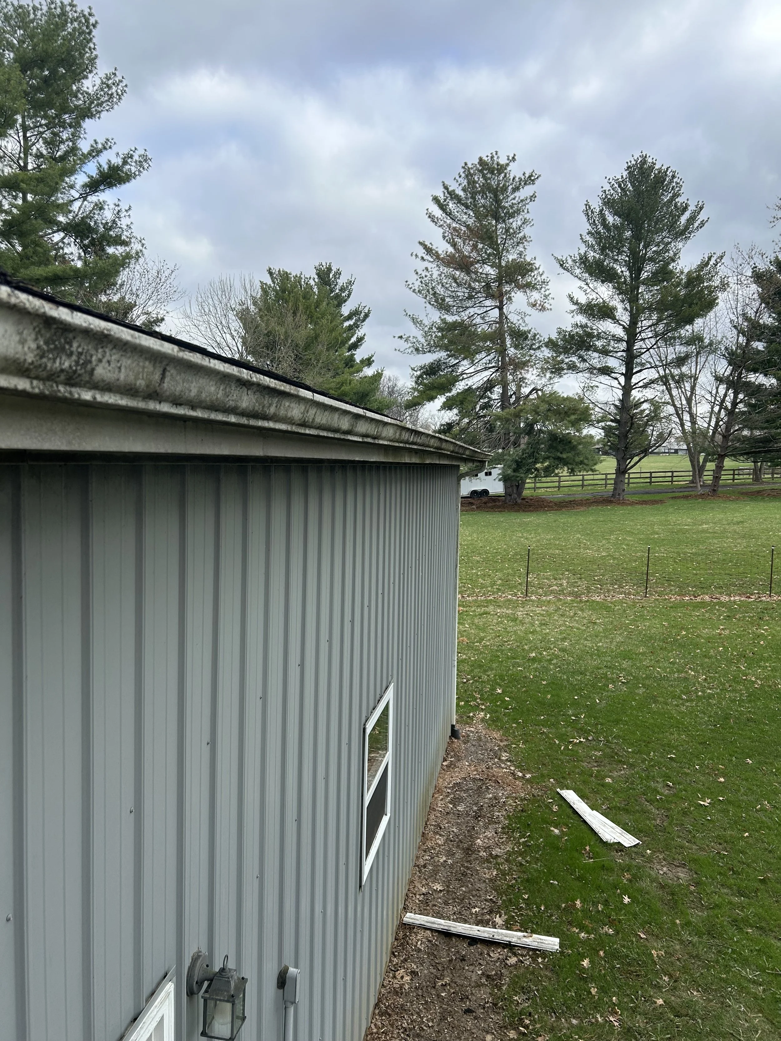 Side view of a metal building with a window, outside grassy area with trees, and cloudy sky