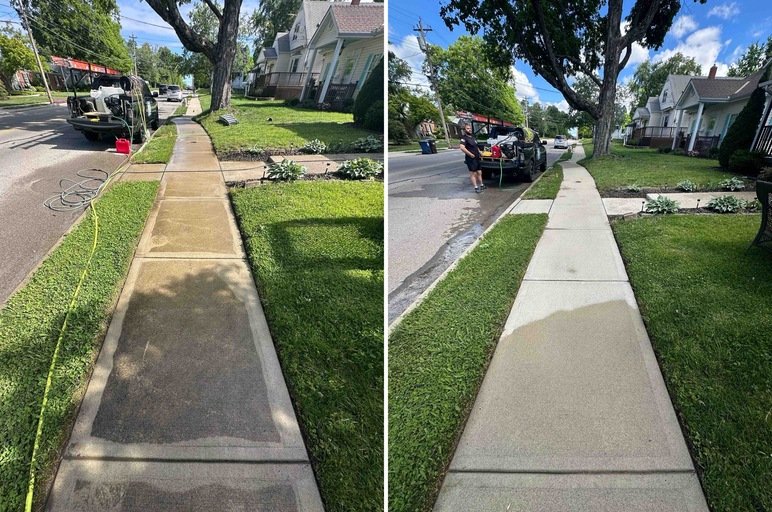 Side-by-side comparison of a sidewalk: the left is dirty, cracked, with patchy grass, and the right is newly resurfaced, clean, and smooth.