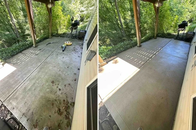 Comparison of a concrete porch before and after cleaning and new sealing; left side shows dirt and stains, right side shows clean, sealed surface.