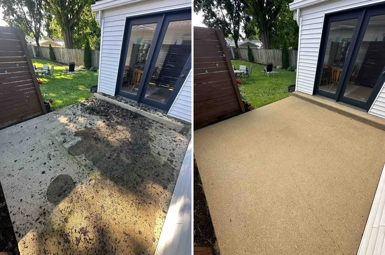 Comparison of a backyard patio before and after resurfacing. The left side shows a concrete patio with dirt and debris, and the right side shows a smooth, light-colored, finished surface.