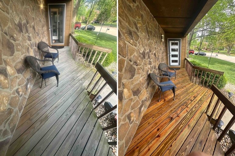 Comparison of a before and after photo of a porch, with the before showing weathered gray wooden planks and the after showing newly stained warm-toned wooden planks.