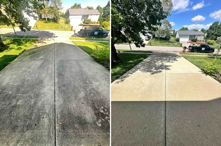 Comparison of two concrete driveways, left older with darker, rougher surface, right newer with lighter, smoother surface, with residential neighborhood and cars in background.