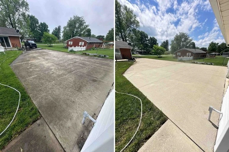 Side-by-side comparison of a concrete driveway before and after cleaning or resurfacing, showing a dirty, stained surface on the left and a clean, newly resurfaced surface on the right. The setting is a residential backyard with houses, trees, and a fence.