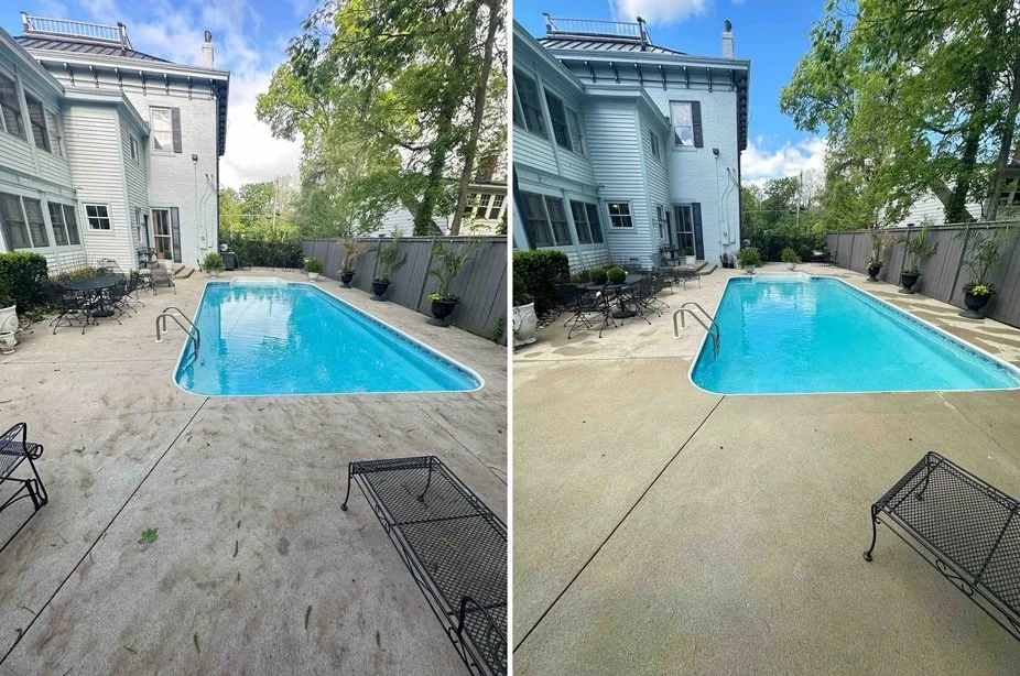 Side-by-side comparison photo of a backyard pool area showing before and after cleaning. The left side depicts a dirty concrete patio, while the right side shows a clean, bright surface. The pool remains the same in both images.