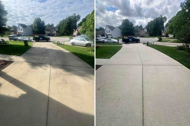 Comparison of a driveway before and after power washing, showing a cleaner, brighter surface after cleaning.
