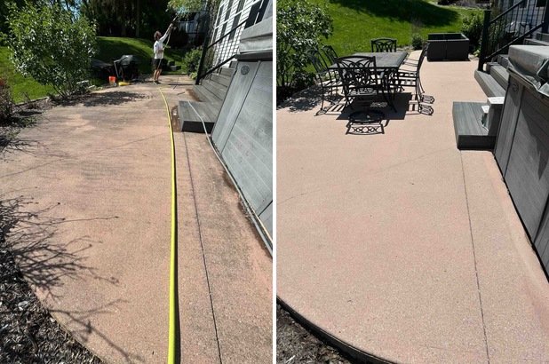 Comparison of a messy, faded concrete patio before and after cleaning and resurfacing, with outdoor furniture added in the after image.