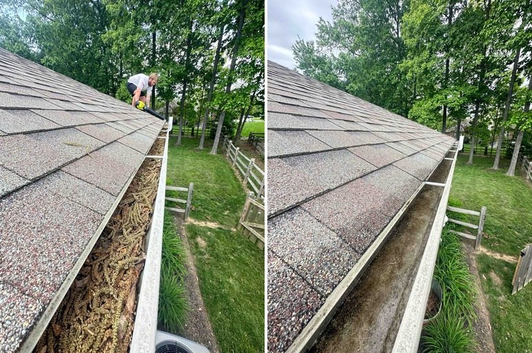 Side-by-side comparison of a roof's gutter before and after cleaning. The left shows a gutter filled with dirt and debris with a person on the roof, the right shows a clean gutter.