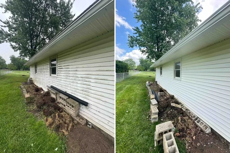 Before and after images of exterior house wall cleaning and renovation showing dirt removal and new siding installation.
