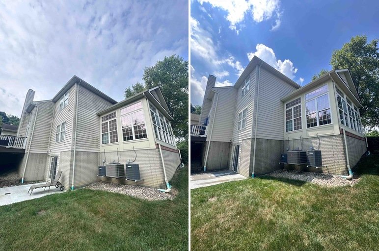 Side-by-side before and after photos of a house's exterior showing renovation, with updated siding, windows, and landscaping.