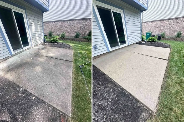Side-by-side before and after images of a concrete patio. The left shows a weathered, cracked concrete surface; the right shows the same area with a smooth, freshly poured concrete surface.
