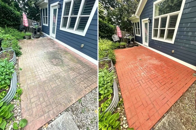 Comparison of a patio before and after cleaning and sealing, showing a previous worn, grayish brick surface transformed into a clean, bright red brick patio.