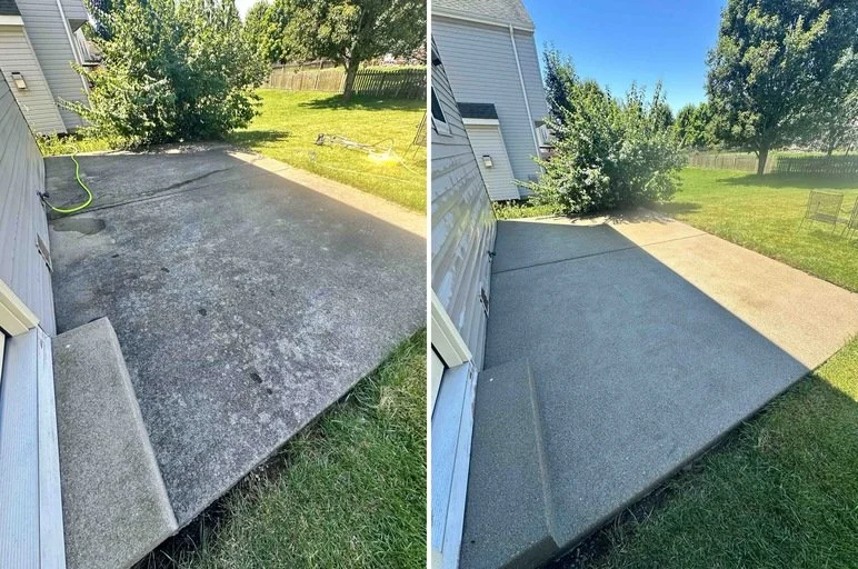 Before and after images of a backyard patio, showing the area prior to cleaning and after a thorough cleaning and resurfacing.