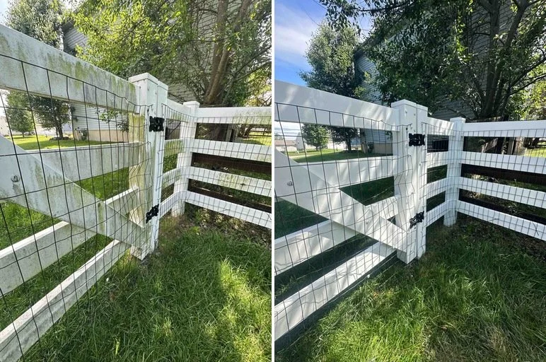 Side-by-side comparison of a white wooden fence with wire mesh, showing before and after cleaning. The left side shows the fence with dirt and grime, while the right side shows the fence after cleaning, appearing bright and clean. Green grass and tre