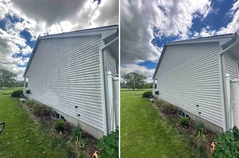 Before and after photos of a house's exterior siding, showing a cleaned and brightened surface in the after picture.