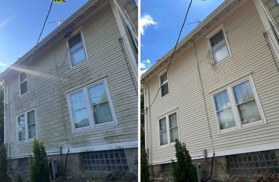Side-by-side comparison of a house's exterior siding before and after cleaning, showing a significant difference in cleanliness and appearance.