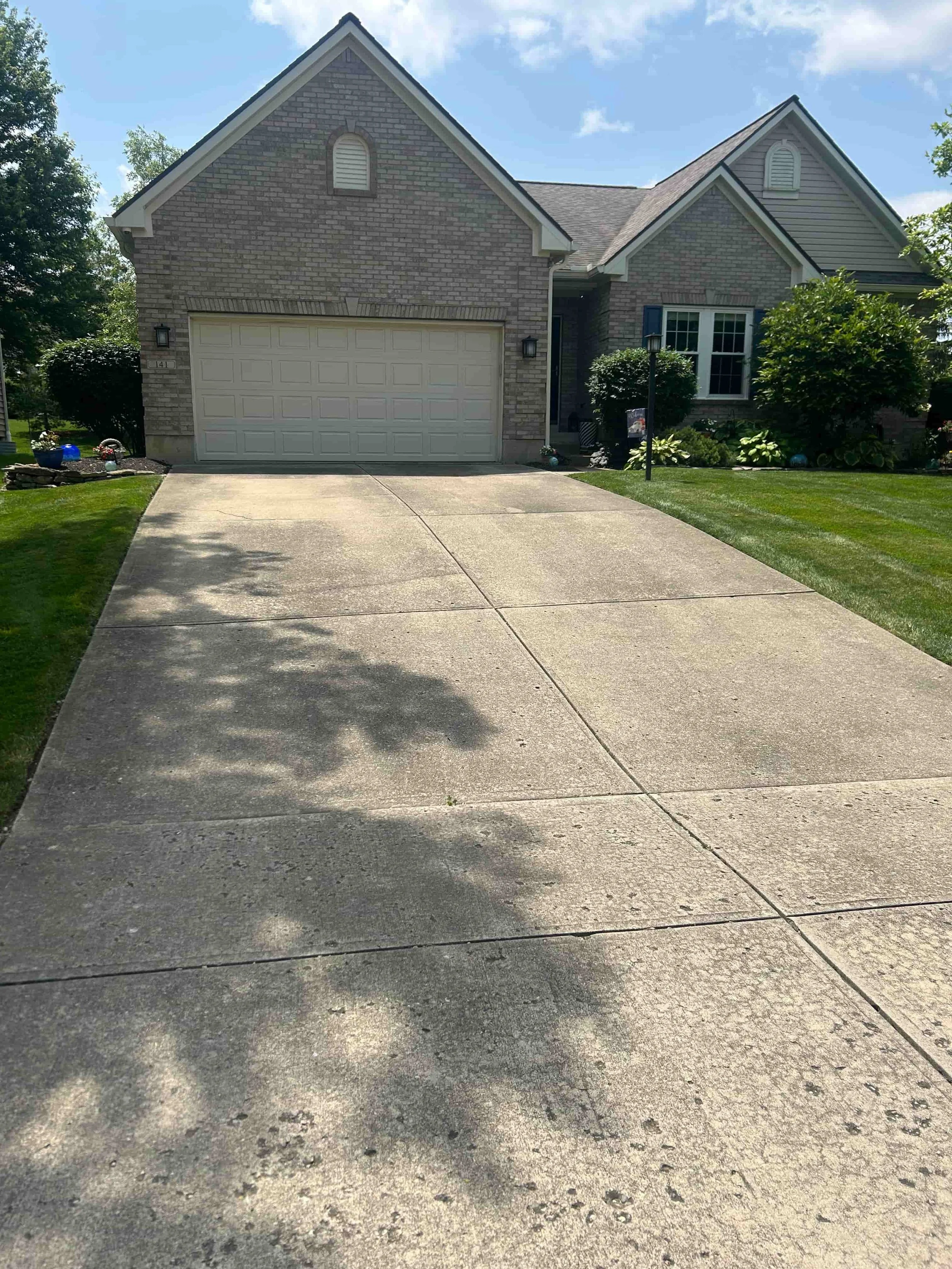 A sidewalk with neatly shaped bushes, a garden hose, a brick house with a window and a white door decorated with a wreath, and a small patch of green grass.