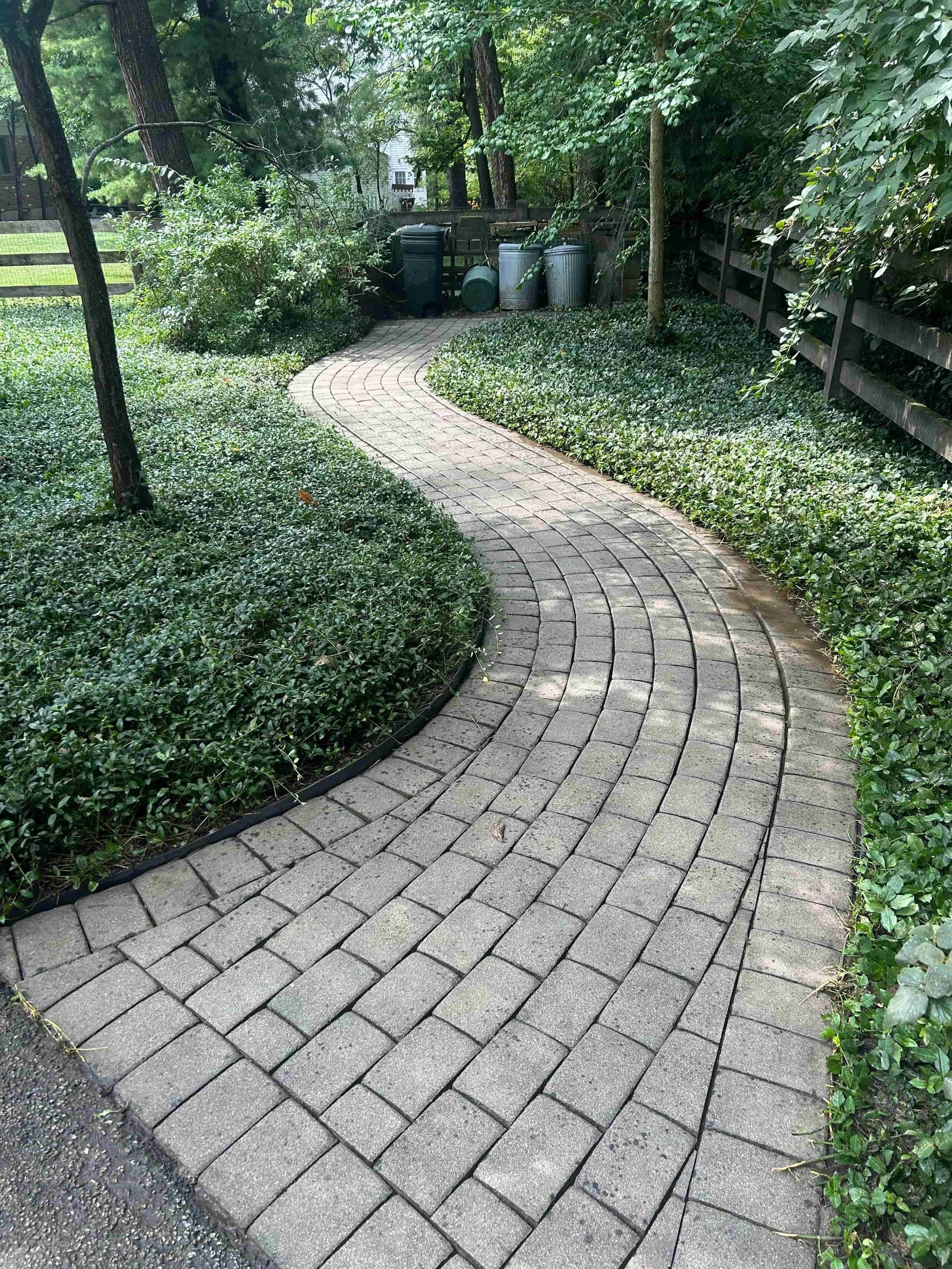 A winding brick pathway through a lush green garden with trees, bushes, and a wooden fence, leading to a cluster of trash bins in the background.