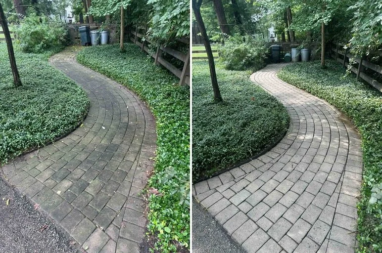 Comparison of two similar brick pathways in a green, wooded area. The left has dirt between the bricks and overgrown grass beside, the right has cleaner paving with well-maintained grass.
