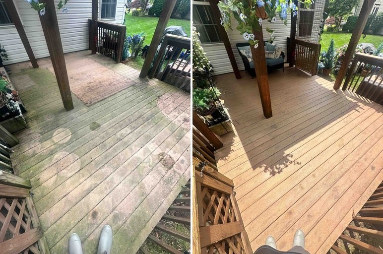 Side-by-side comparison of a wooden porch; the left side shows the aged, mossy, and dirty condition, while the right side displays the same porch cleaned and restored, with fresh wood and improved appearance.