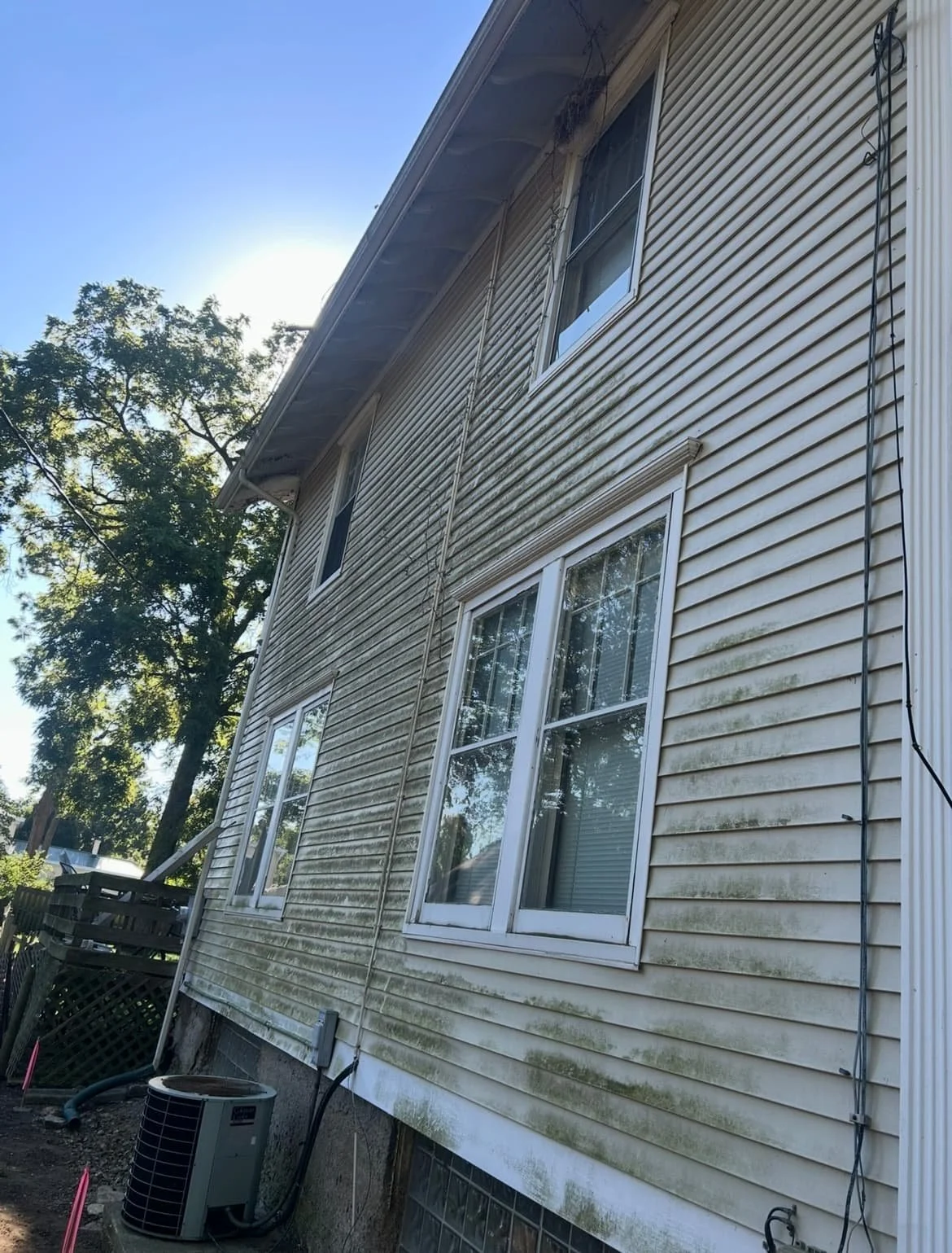 Exterior of a house with vinyl siding showing mold and dirt, with multiple windows, an air conditioning unit, and trees in the background.