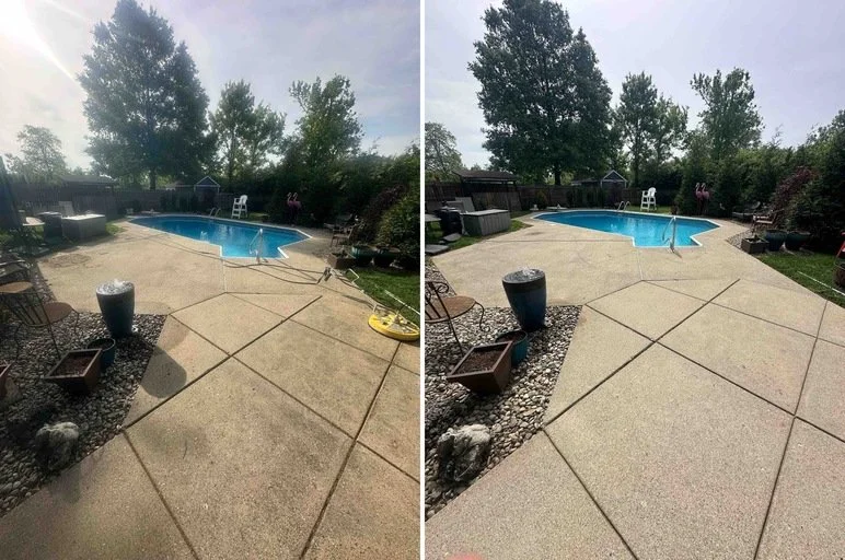 Comparison of a backyard with a pool before and after pressure washing, showing cleaner, brighter concrete pavement.