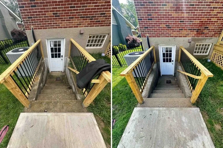 Comparison of two images showing outdoor staircases leading to a door at the back of a building. The left image has an unfinished wooden staircase with no railing, while the right image shows the same staircase fully built with stained wooden posts a