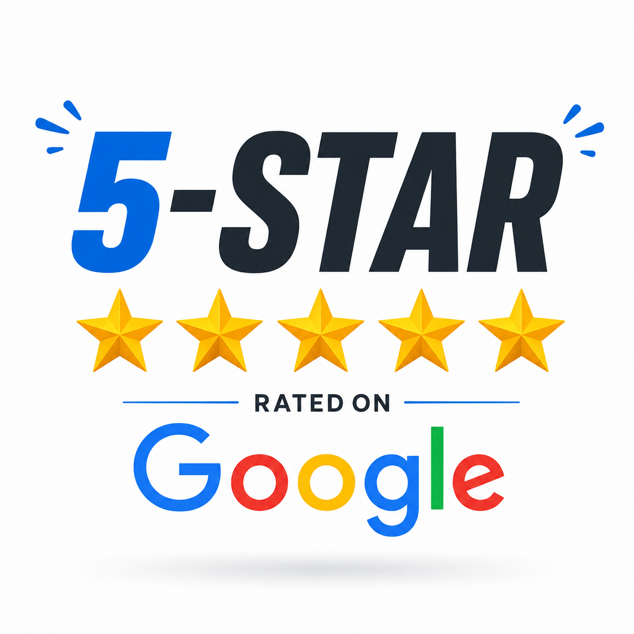 Rating badge showing 5-star rating on Google with a count of five gold stars and blue and black text.