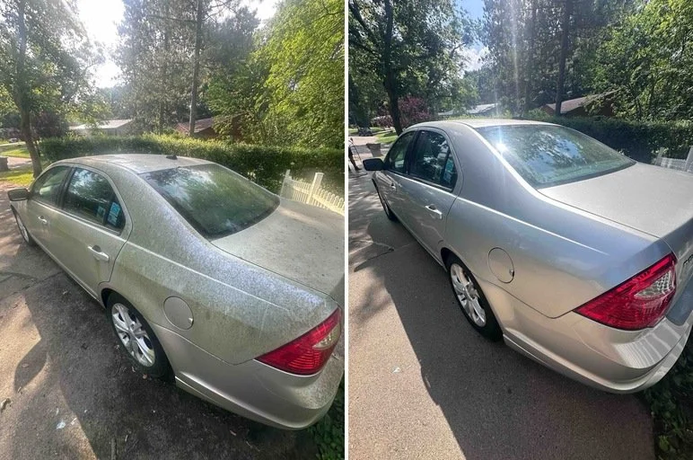 Comparison of a silver sedan covered in a dirty haze on the left and the same vehicle clean and shiny on the right, parked outdoors on a driveway with trees in the background.