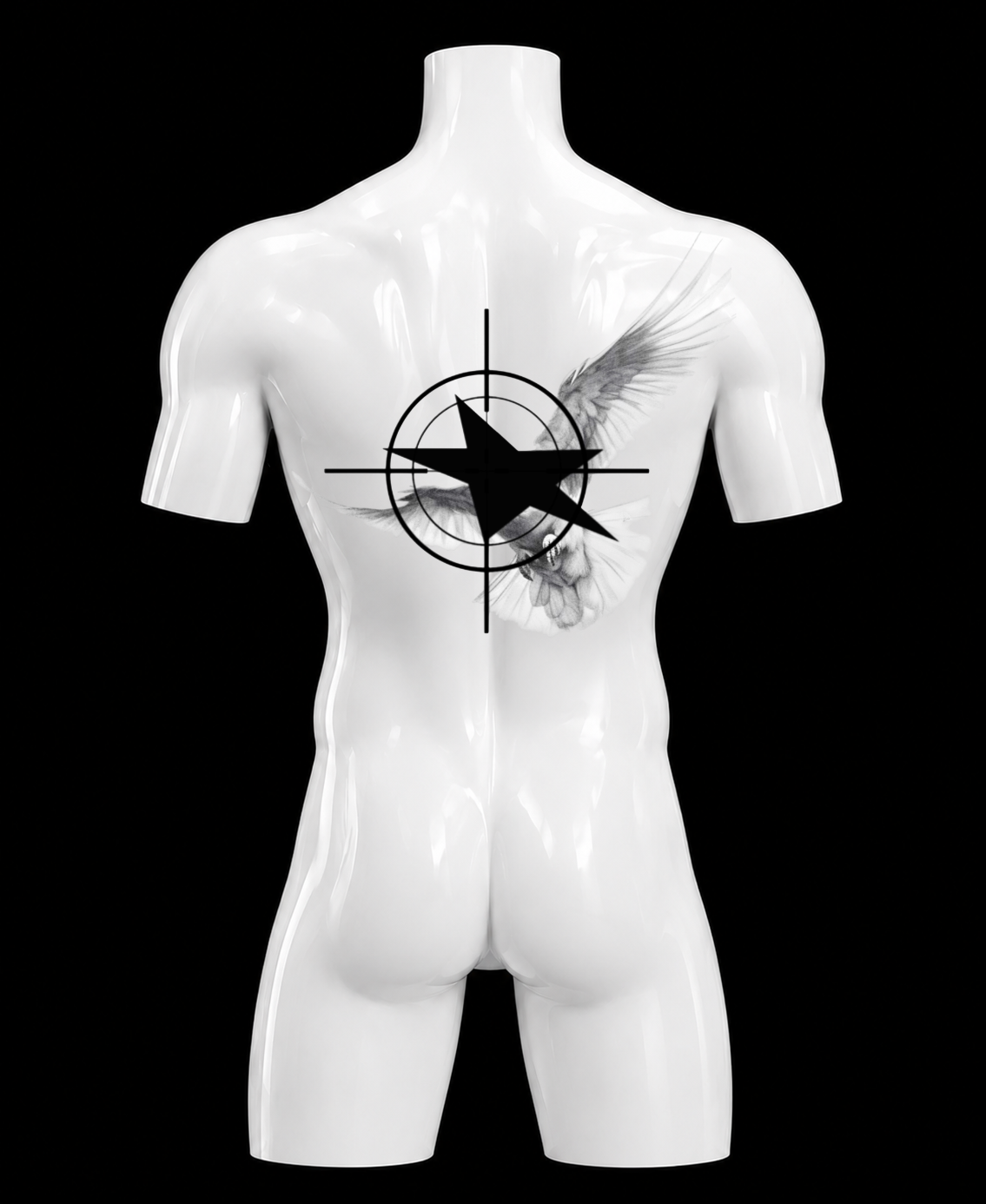 Mannequin blanc sans tête avec tatouage d'un oiseau en vol sur le torse, sur fond noir, avec une cible de visée noire superposée.