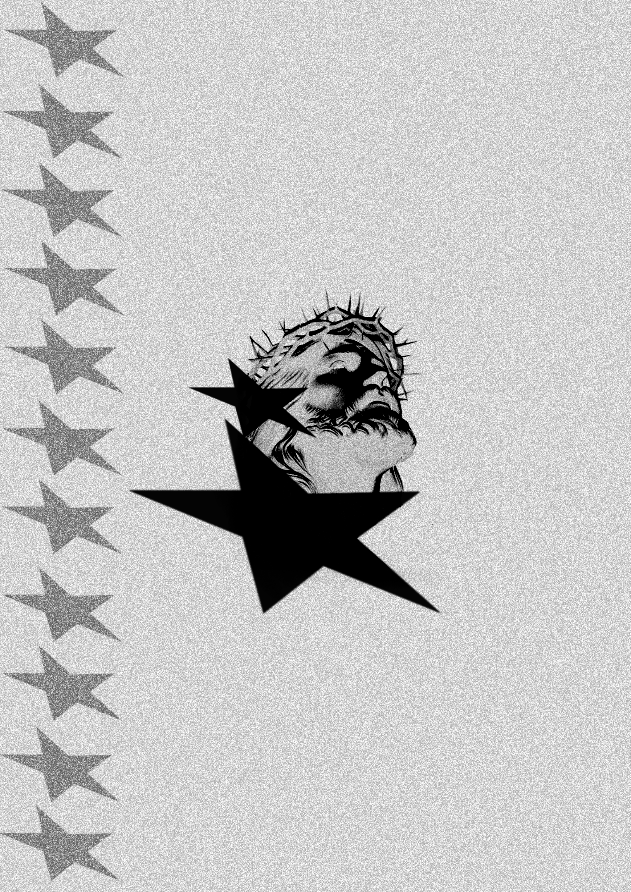 Une illustration en noir et blanc d'une tête d'homme avec une couronne d'épines, regardant vers le haut, entourée de plusieurs étoiles en dégradé de gris.
