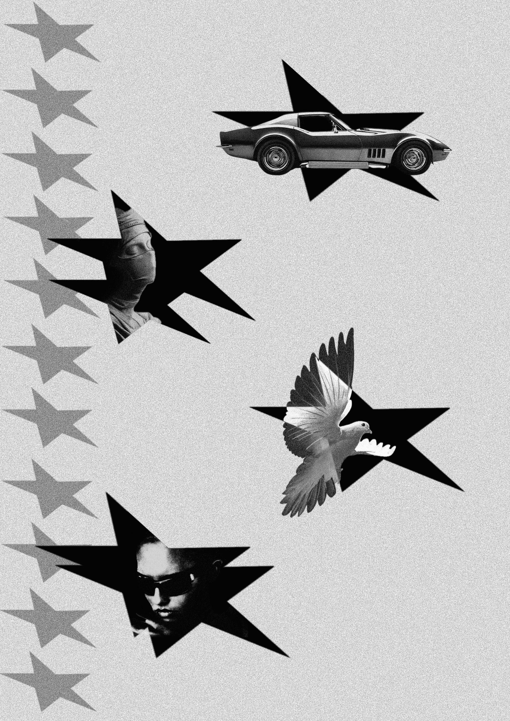 Une collage noir et blanc représentant une femme portant des lunettes de soleil, un avion de course, un oiseau blanc en vol, des étoiles et des formes géométriques.