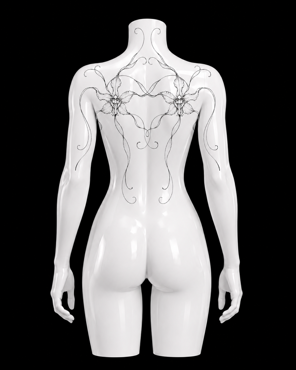 Mannequin en plastique blanc sans tête ou jambes, avec une illustration de fleurs et de lignes dans le dos, contre un fond noir.